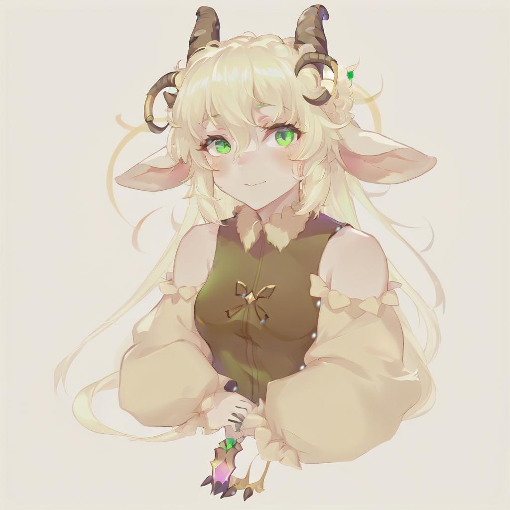  anime artwork anthropomorphic goat, blonde, long hair, curls, bangs, dressed in fairy core style, green eyes. a picture is an avatar for vitubing, neutral color background . anime style, key visual, vibrant, studio anime, highly detailed