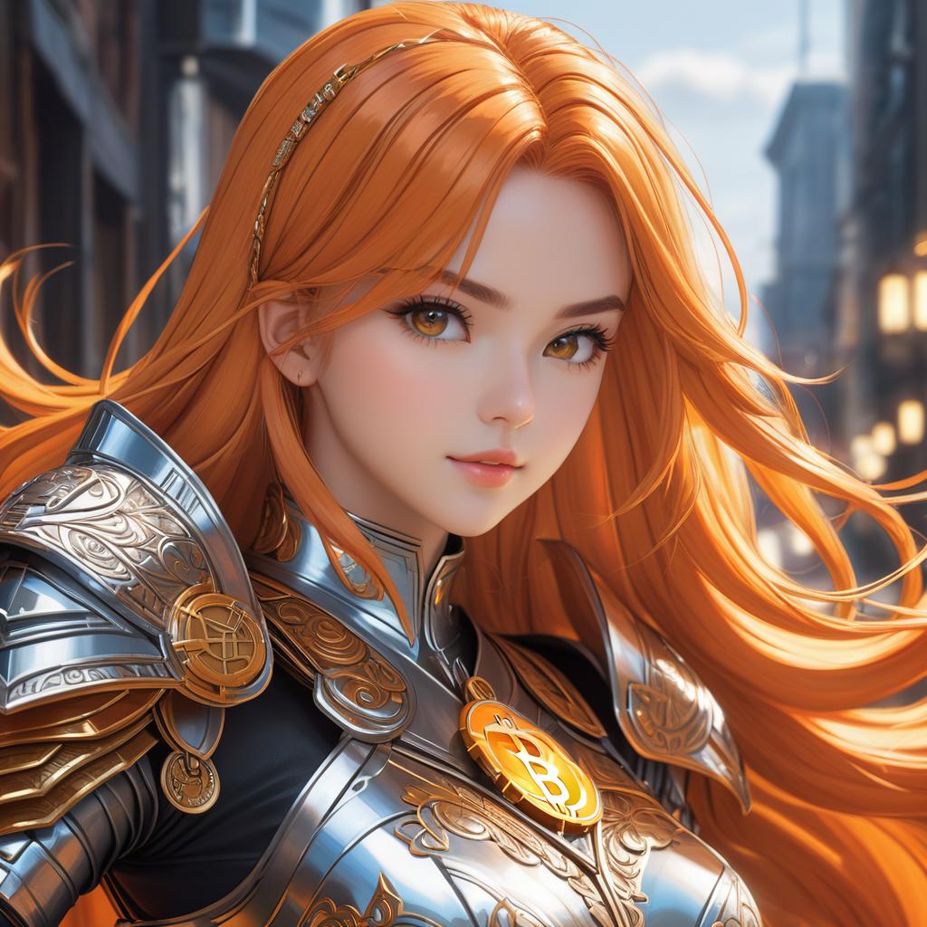  front view, masterpiece, best quality, photorealistic, raw photo, (1girl, looking at viewer), long orange hair, bitcoin mechanical armor,bitcoin intricate armor, delicate orange filigree, intricate filigree, orange metalic parts, detailed part, dynamic pose, detailed background, dynamic lighting,bitcoin, anime artwork, anime style, key visual, vibrant, studio anime, highly detailed