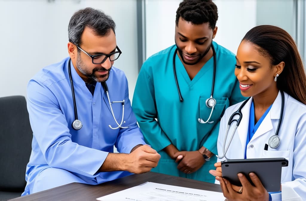  professional detailed photography, multiethnic doctors engaged in collaborative medical consultation, discuss patient disease diagnose or treatment plan, reviewing information, focusing on tablet. teamwork, modern tech in healthcare ar 3:2, (muted colors, dim colors, soothing tones), (vsco:0.3)