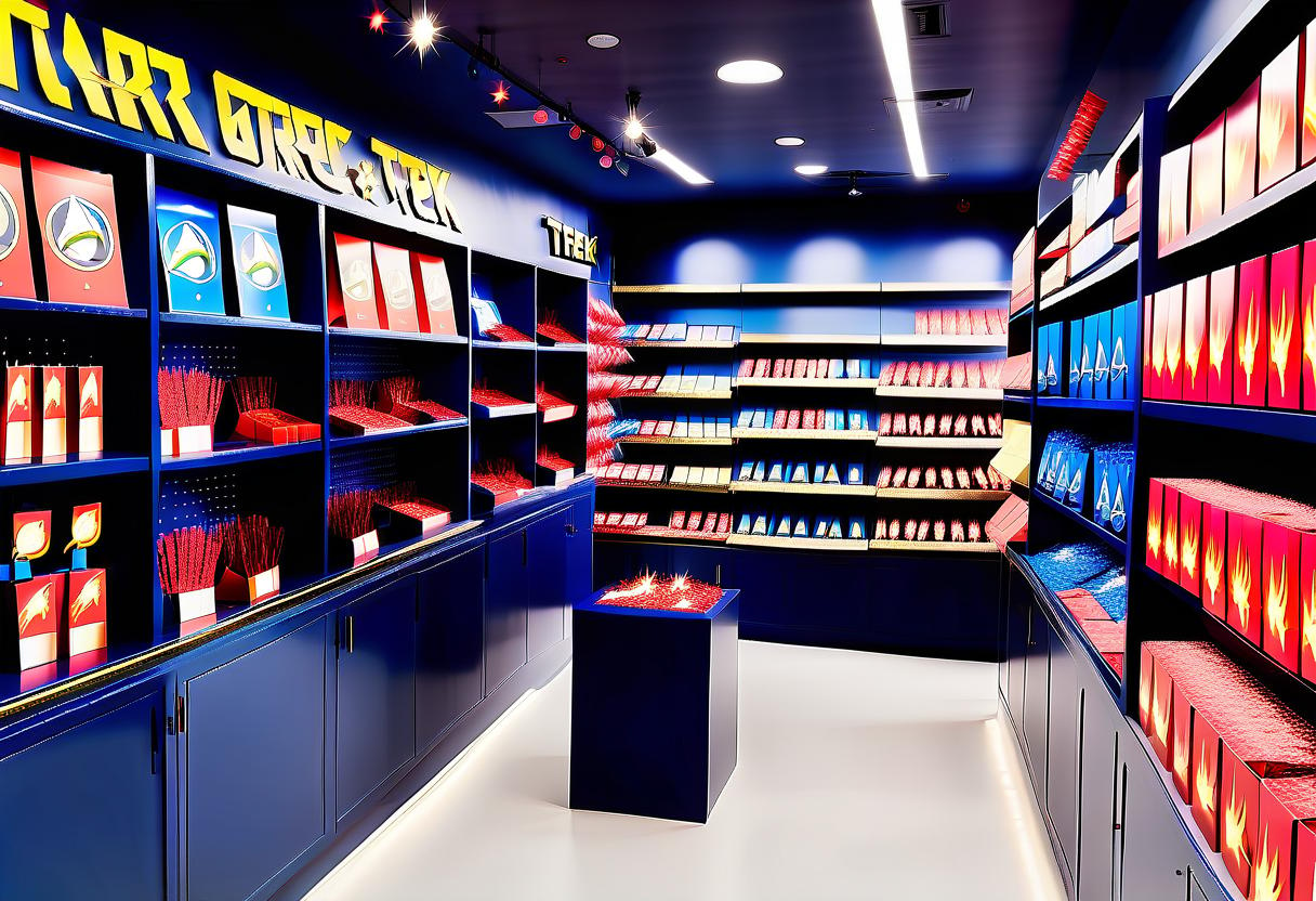  minimalist style star trek store with the addition of firecrackers, firecrackers and bengal lights . simple, clean, uncluttered, modern, elegant