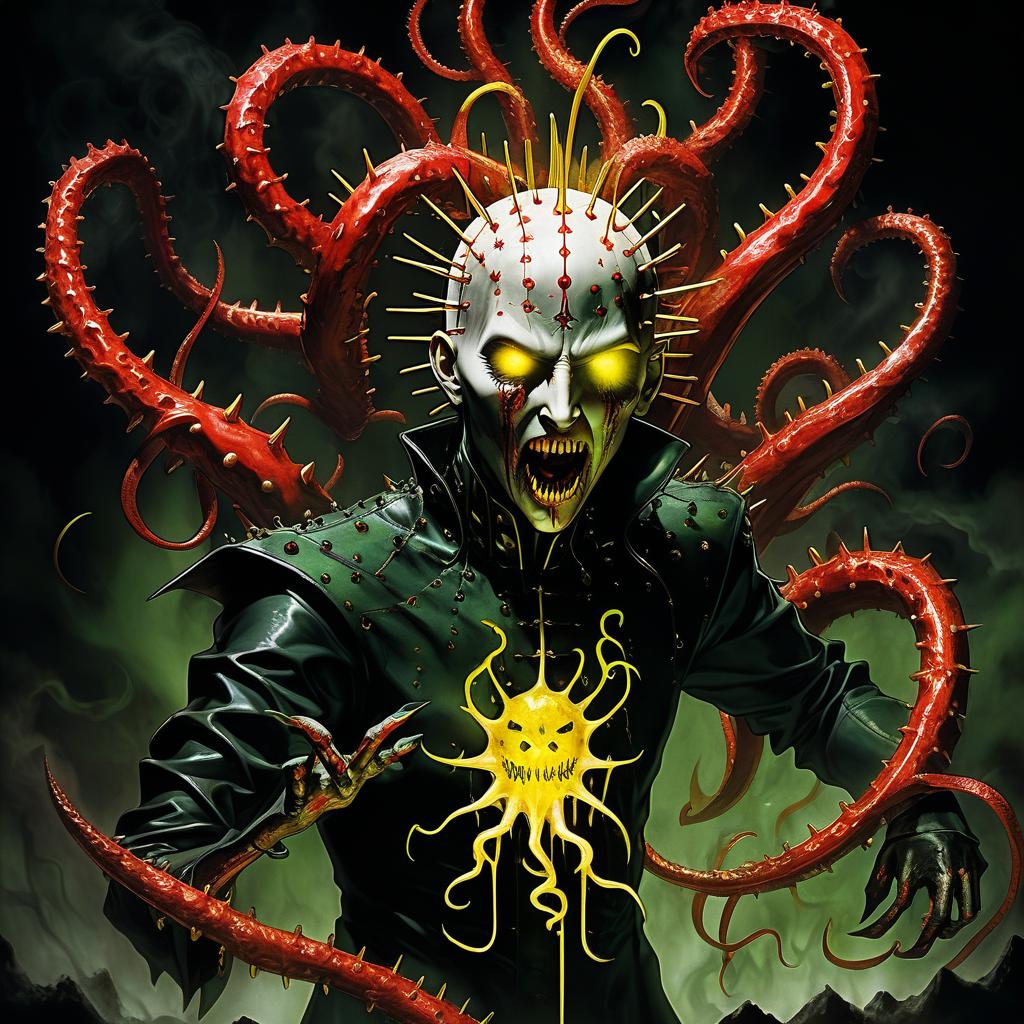  the demon ghoul (hellraiser) entangled with tentacles and protruding pins bared the mouths and pours red mucus on the clawed paws. yellow smoke green rings spikes white fire stars and sparks anime horror black drops thorns