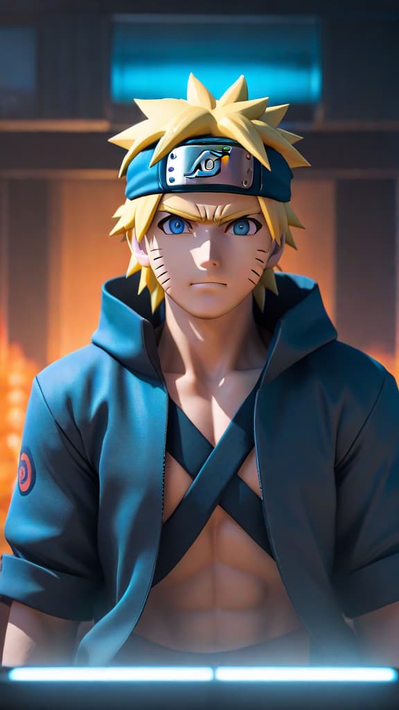  naruto in a blue box hyperrealistic, full body, detailed clothing, highly detailed, cinematic lighting, stunningly beautiful, intricate, sharp focus, f/1. 8, 85mm, (centered image composition), (professionally color graded), ((bright soft diffused light)), volumetric fog, trending on instagram, trending on tumblr, HDR 4K, 8K