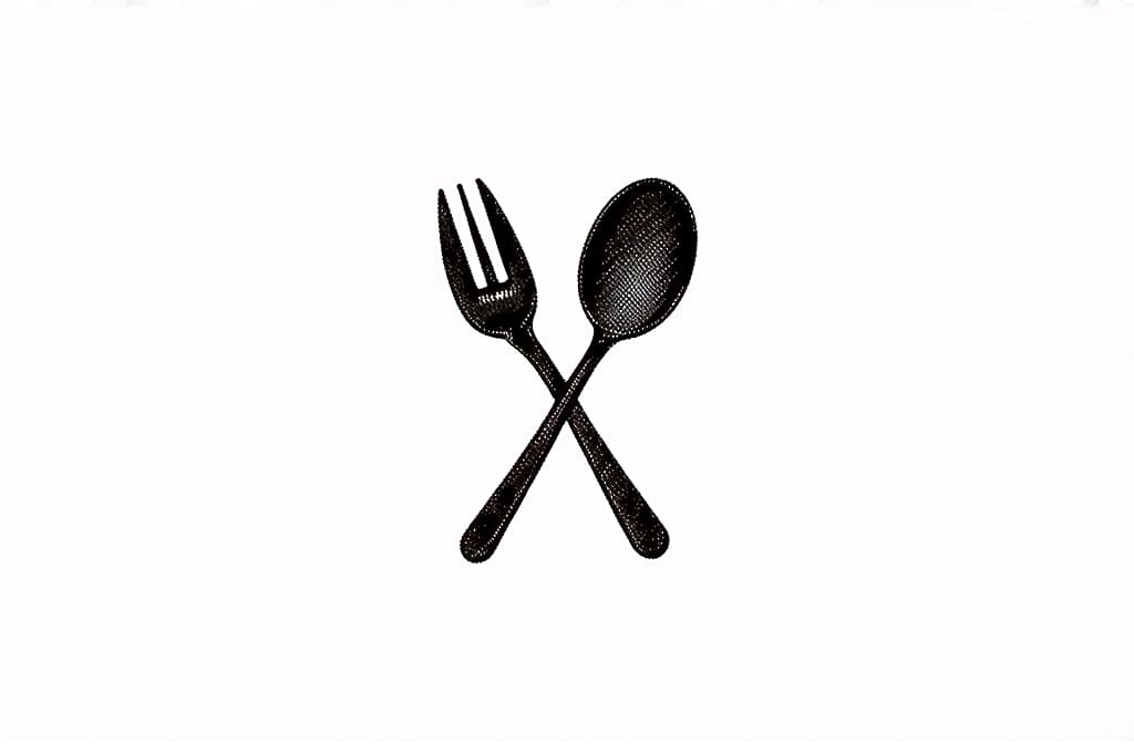  contour, very simple image in one unbroken black ink line, single line of fork crossed with spoon, engraving illustration, icon isolated on white background ar 3:2 using a single continuous black line ink brushon white background, drawing should be created without lifting the pen, recognizable features of fork crossed with spoon, engraving illustration, icon isolated on white background ar 3:2 in one unbroken line