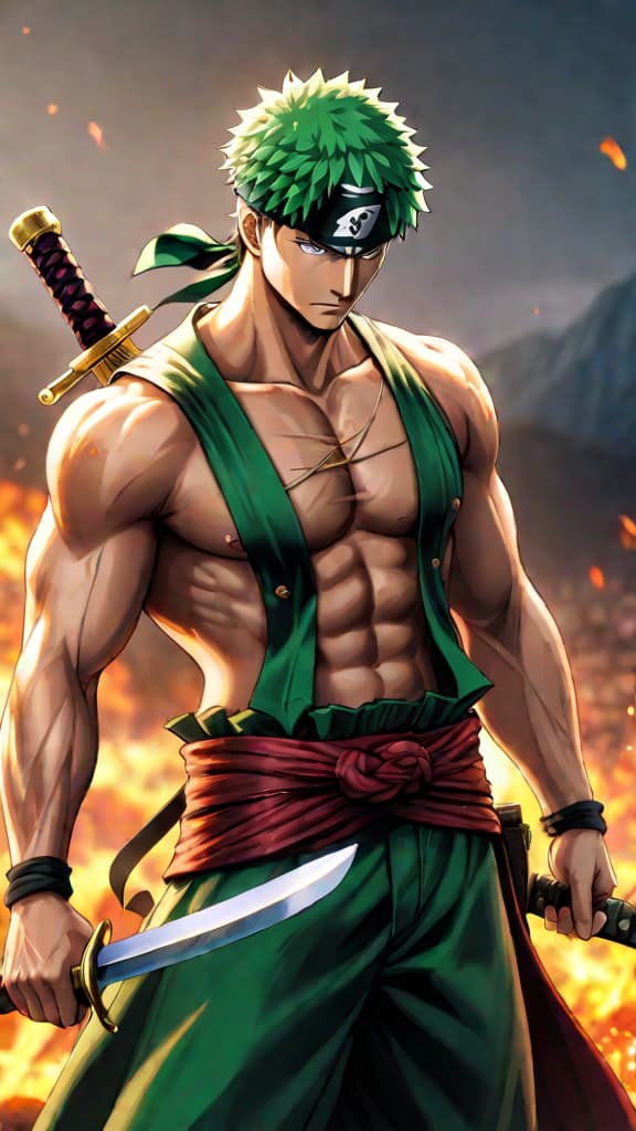  anime art: zoro, from one piece, pondering his destiny to reclaim a legendary sword's true power. hyperrealistic, full body, detailed clothing, highly detailed, cinematic lighting, stunningly beautiful, intricate, sharp focus, f/1. 8, 85mm, (centered image composition), (professionally color graded), ((bright soft diffused light)), volumetric fog, trending on instagram, trending on tumblr, HDR 4K, 8K