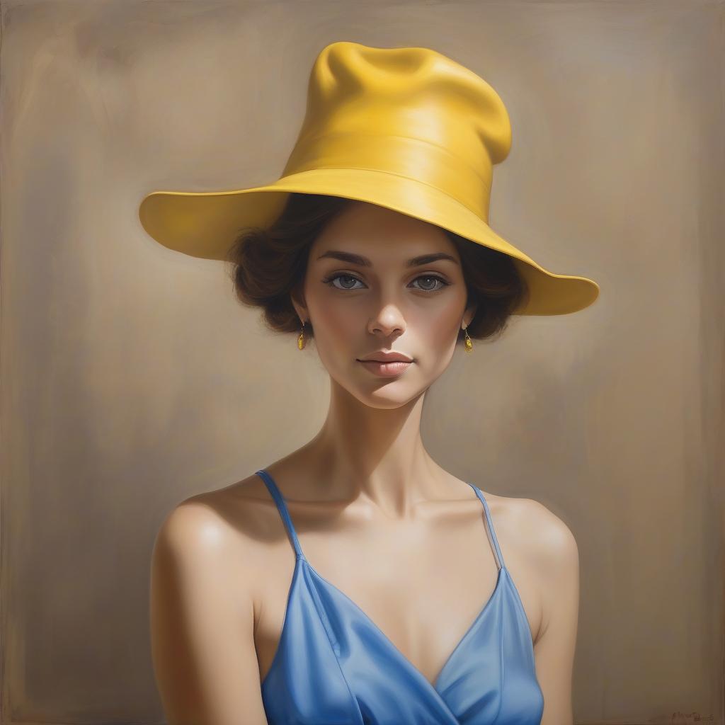  <mymodel> a painting of a woman with a yellow hat on her head and a blue dress on her body and a brown background, art brenner, figurative art, extremely detailed oil painting, a photorealistic painting