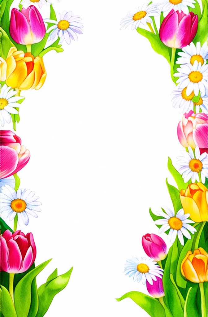  artwork frame of tulips and daisies flowers на белом background, empty space inside ar 2:3, watercolor techniques, featuring fluid colors, subtle gradients, transparency associated with watercolor art