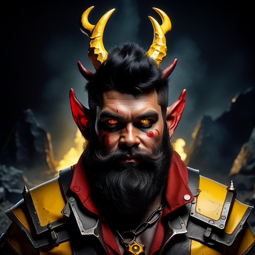  portrait dwarf with black hair, black beard, black pair of horns, red skin, yellow demonic eyes, in the mining site of deep rock galactic