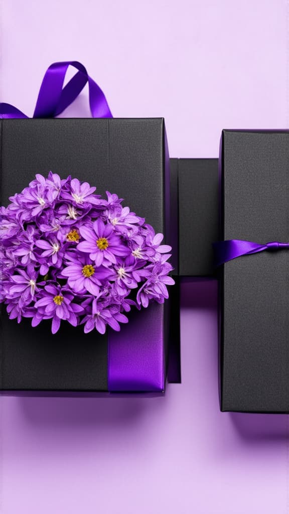  set of black gift boxes with lilac flowers and violet ribbons. horizontal, space for your text. ar 9:16 {prompt}, maximum details