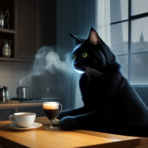  in the style of bulgakov, an anthropomorphic mysterious cat, a black cat of the maine coon breed, shiny black coat, piercing eyes :1. 2), drinks coffee from a beautiful coffee cup, long graceful fingers, cozy, kitchen, homely and surreal atmosphere, soft, cozy lighting, homely, kitchen relaxing atmosphere, swirling steam on a cup, light luminescence, complex details on tea leaves, cup design, complex, carefully drawn textures, relaxing emotions.