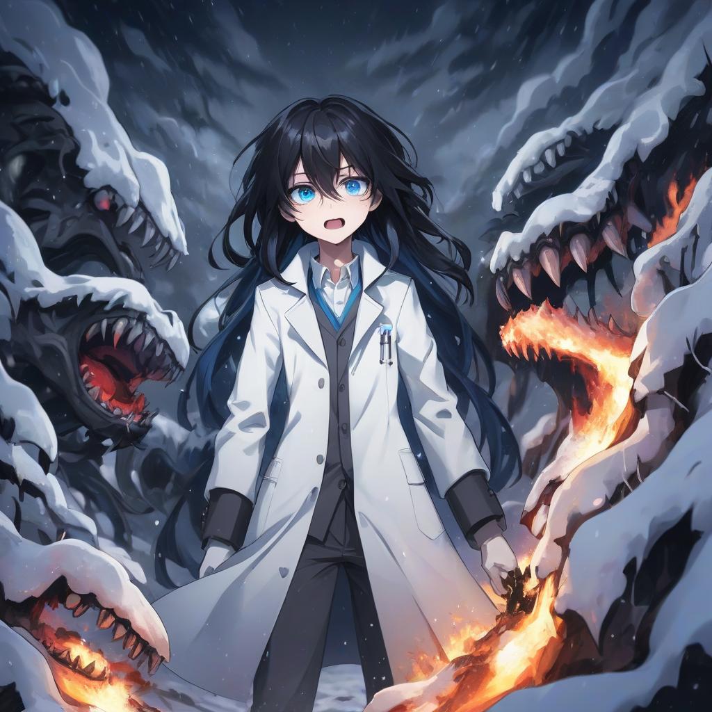  anime artwork a snowy field, a man in a white coat scorched from below, black hair, blue eyes, a cut mouth, hundreds of teeth, a night shrouded in darkness . anime style, key visual, vibrant, studio anime, highly detailed