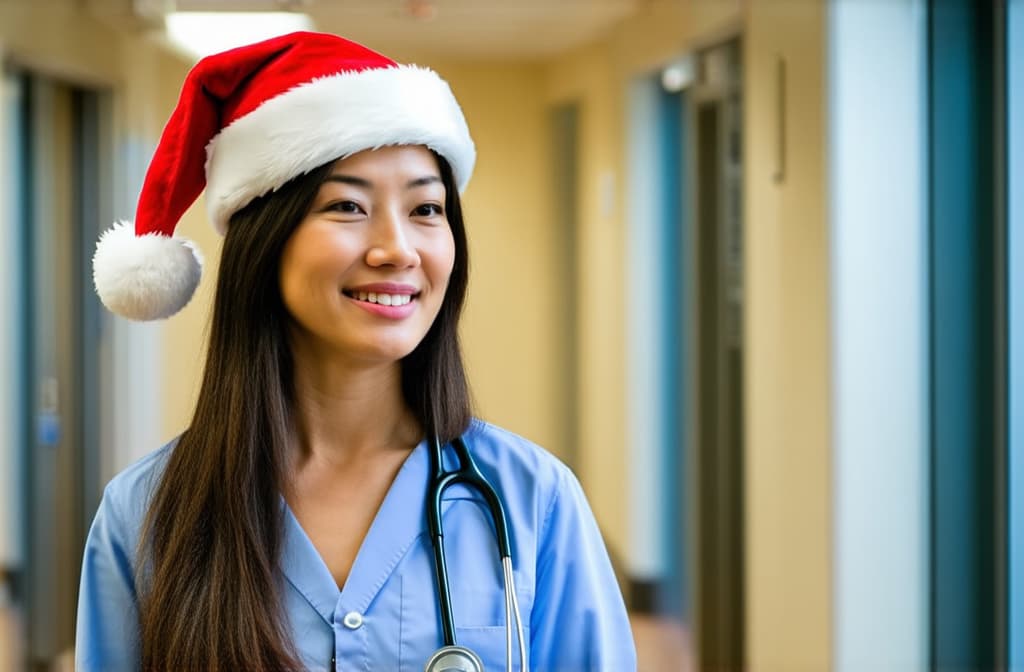  asian woman doctor in santa hat in hospital corridor on left, atmospheric, on right space for text (correct stethoscope) ar 3:2, (natural skin texture), highly detailed face, depth of field, hyperrealism, soft light, muted colors