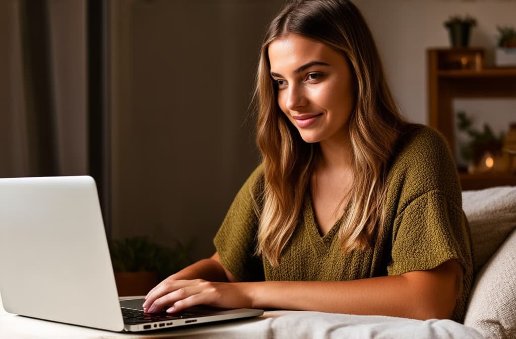  girl working on laptop at home, cozy home style, clear sunny weather ar 3:2, (natural skin texture), highly detailed face, depth of field, hyperrealism, soft light, muted colors