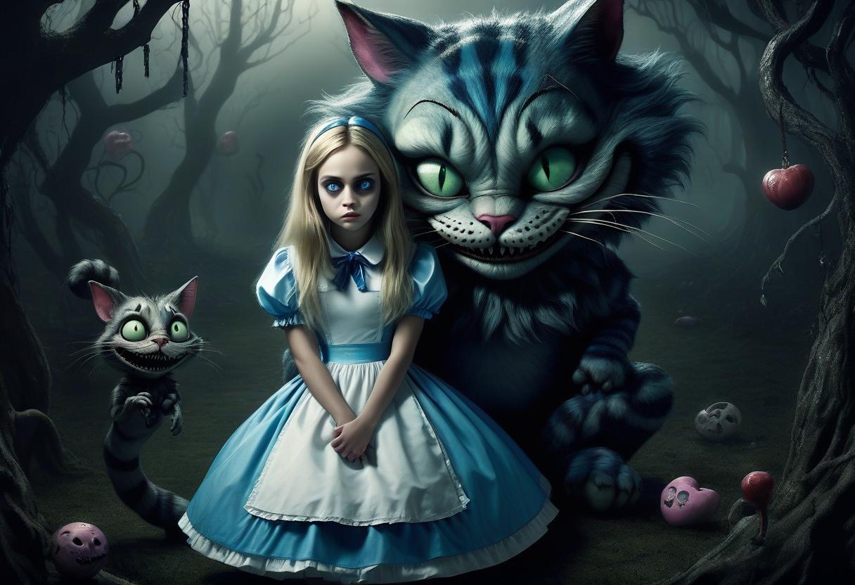  horror themed alice in wonderland, alice and the cheshire cat, sadness, death . eerie, unsettling, dark, spooky, suspenseful, grim, highly detailed, hkmagic