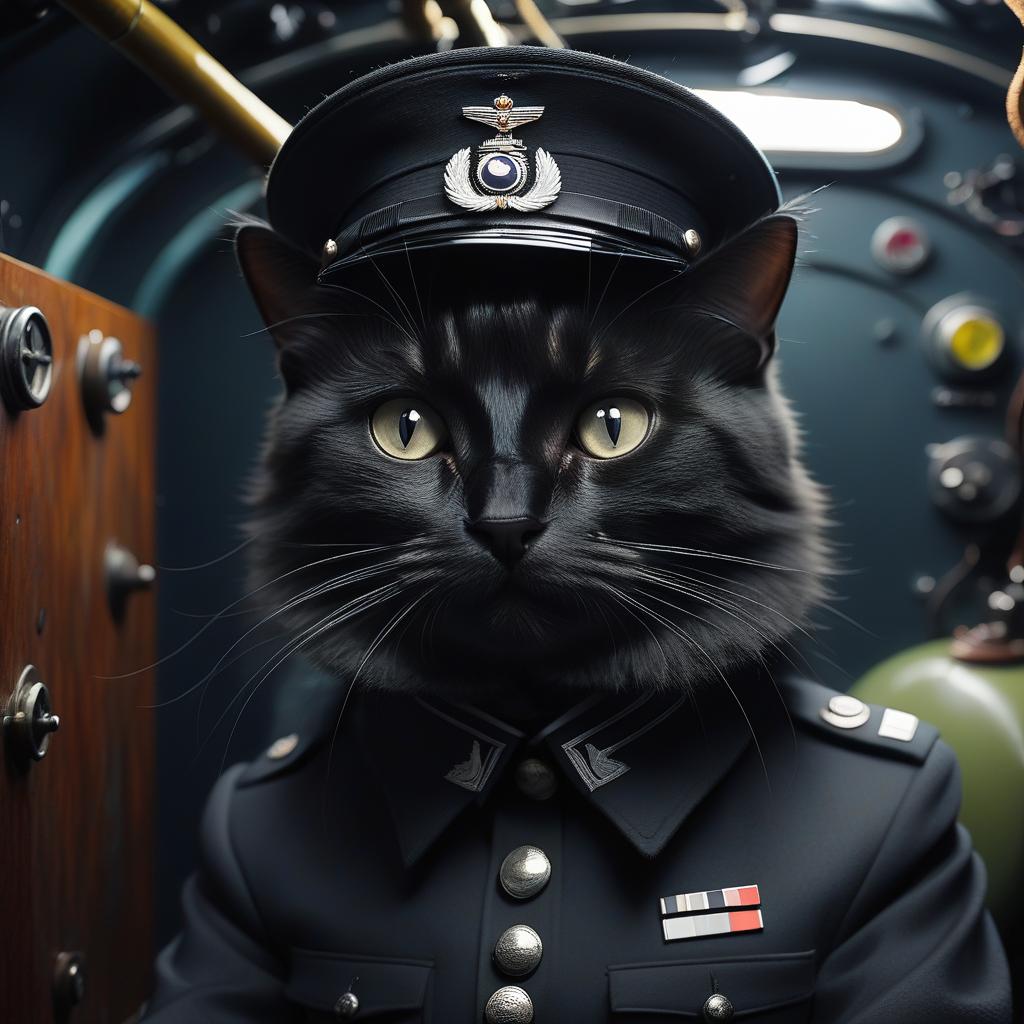  fuzzy black cat in the style of a german officer from the second world war, in a submarine