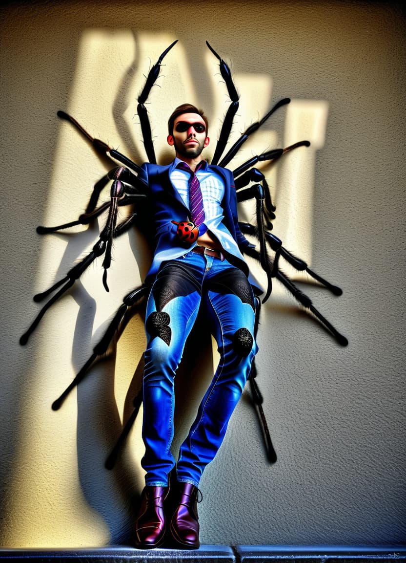  hdr photo of make him a spider body instead of his legs . high dynamic range, vivid, rich details, clear shadows and highlights, realistic, intense, enhanced contrast, highly detailed