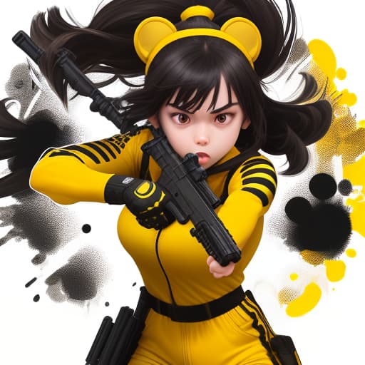  mascot for the game in the genre of action, the girl aims a gun at the enemy, dressed in a yellow jumpsuit with black stripes, white background