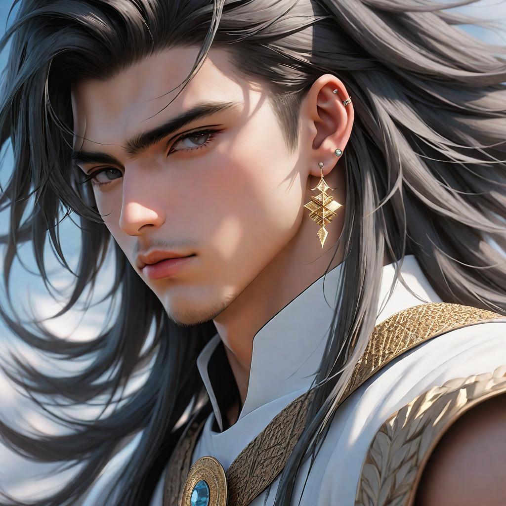  3d, (masterpiece, top quality, best quality, official art, beautiful and aesthetic:1.2), (fractal art: 1.3), anime art very beautiful asian male straight hair, white shoulder length hair, pale skin. grey eyes. eyebags. long dark lashes. diamond shaped face. sharp jawline. thin lips. low soft angled eyebrows. greek nose. tongue piercing. industrial piercing. lobe piercing. low set cheekbones. helix piercing. looking the sky, medium shot, golden hour college boy, award winning, professional, highly detailed, masterpiece