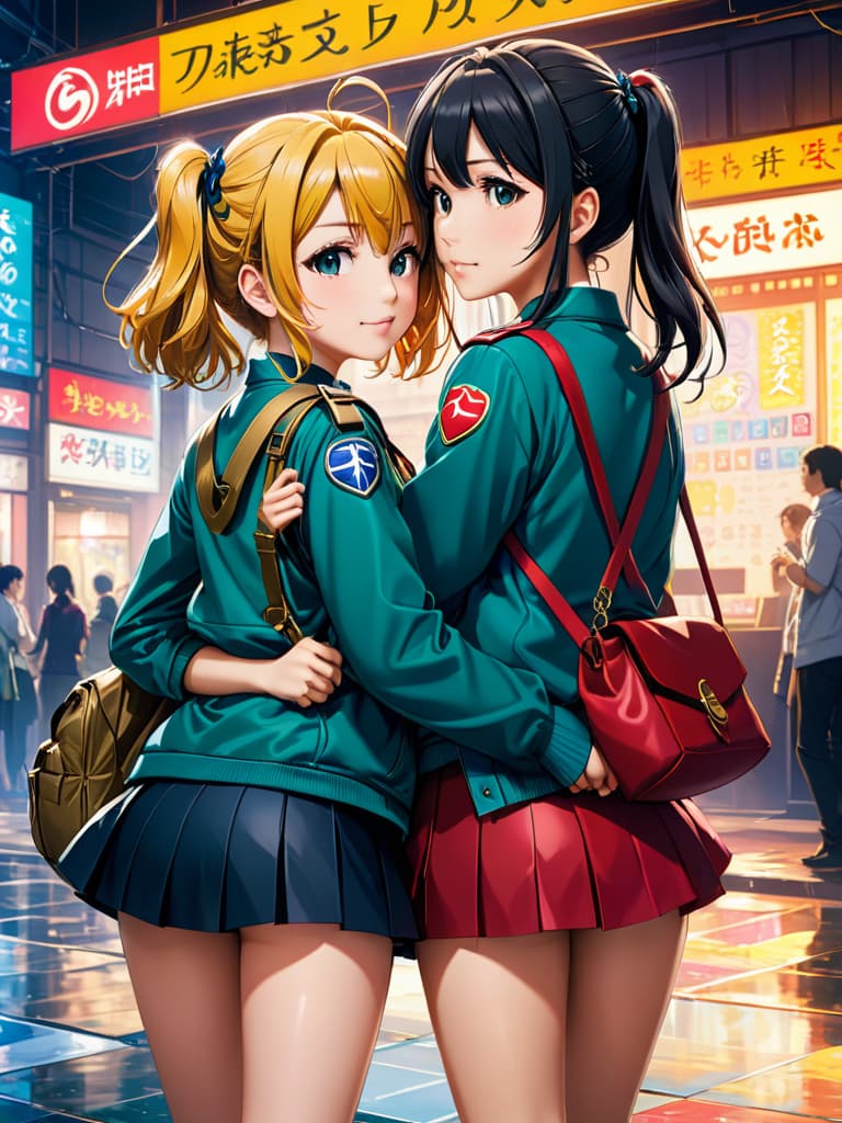  2 girls, back to back, one is grateful, the other is anxious, anime artwork, anime style, key visual, vibrant, studio anime, highly detailed