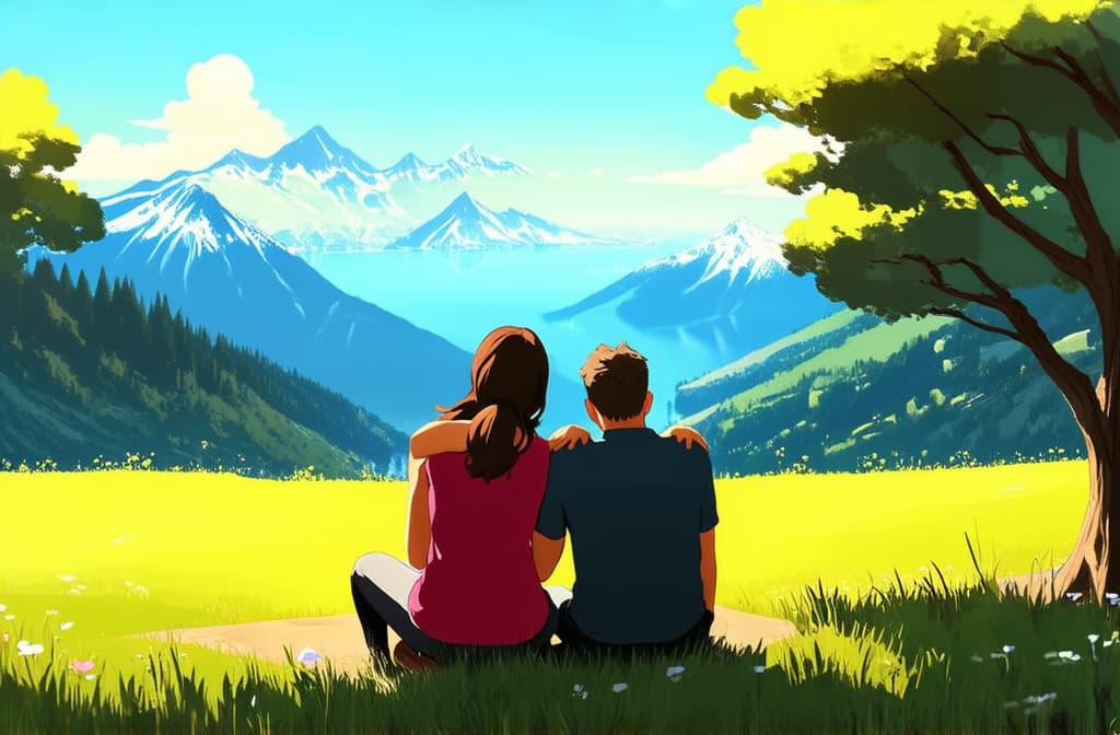  flat illustration, flaticon, (illustration:1.15), couple a man and a woman sit together bowing their heads on their shoulders and looking into the distance at a beautiful view relationships outdoor recreation dream travel family ar 3:2, [cory loftis, strobist, pascal campion :: 0.2]