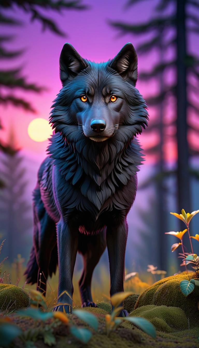  professional 3d model of black wolf, purple night. . rendered with octane, the model is highly detailed,dramatic lighting. hyperrealistic, full body, detailed clothing, highly detailed, cinematic lighting, stunningly beautiful, intricate, sharp focus, f/1. 8, 85mm, (centered image composition), (professionally color graded), ((bright soft diffused light)), volumetric fog, trending on instagram, trending on tumblr, HDR 4K, 8K