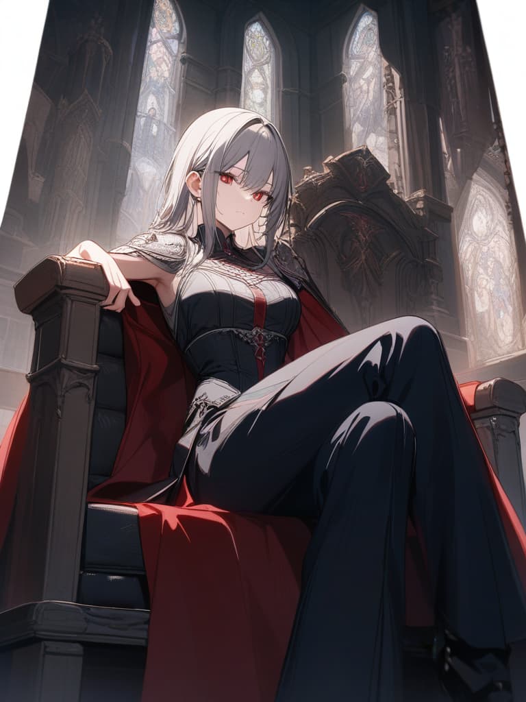  vampires, young men, handsome, gray hair, red eyes, tall, sitting on the throne and holding shoulder and elbow, looking down, long hair, cross legged, medieval noble, castle. hall of the hall, masterpiece, best quality,8k,ultra detailed,high resolution,an extremely delicate and beautiful,hyper detail