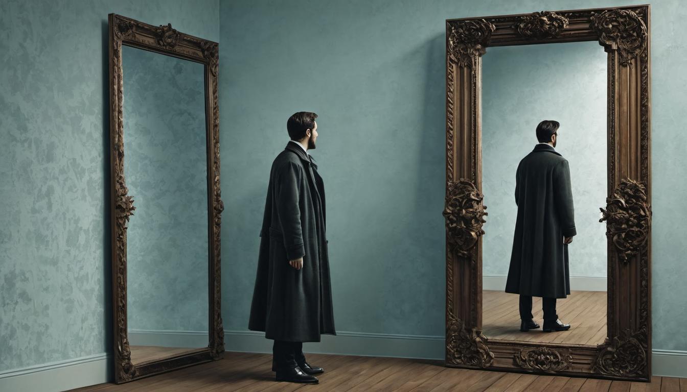  （surrealism)mirror reflecting an exaggerated version of a figure, original figure stands beside the mirror observing, mirror image appears flattered yet distorted, subtle humor mystic, intricate details, best quality)