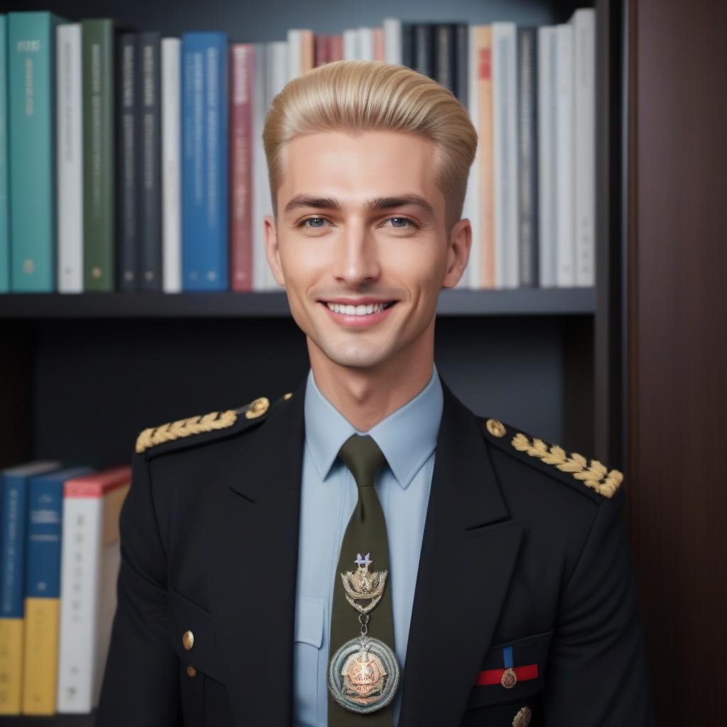  Man The face is European Blonde hair There is a smile on his face And in military uniform Officer hyperrealistic, full body, detailed clothing, highly detailed, cinematic lighting, stunningly beautiful, intricate, sharp focus, f/1. 8, 85mm, (centered image composition), (professionally color graded), ((bright soft diffused light)), volumetric fog, trending on instagram, trending on tumblr, HDR 4K, 8K