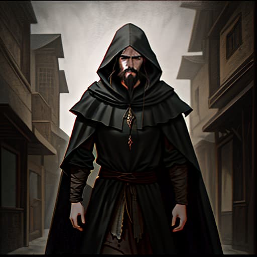  fantasy art, a frame on the face of the character, a man of 2s, lean build, long black hair and beard, simple brown clothes commoners of the middle ages, a hood to remove, a shabby black cloak on one shoulder, against the background of a street of a nightly ancient sumerian city, lighting, slate atmosphere, cinematic, dimmed colors, dark shot, muted colors, film grainy, lut, spooky