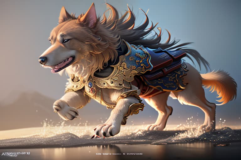  art, art style, dog, animal, focus on dog, dog in fur armor, full height, armor for dog, shot 35 mm, realism, octane render, 8k, trending on artstation, 35 mm camera, unreal engine, hyper detailed, photo realistic maximum detail, volumetric light, realistic matte painting, hyper photorealistic, trending on artstation, ultra detailed, realistic