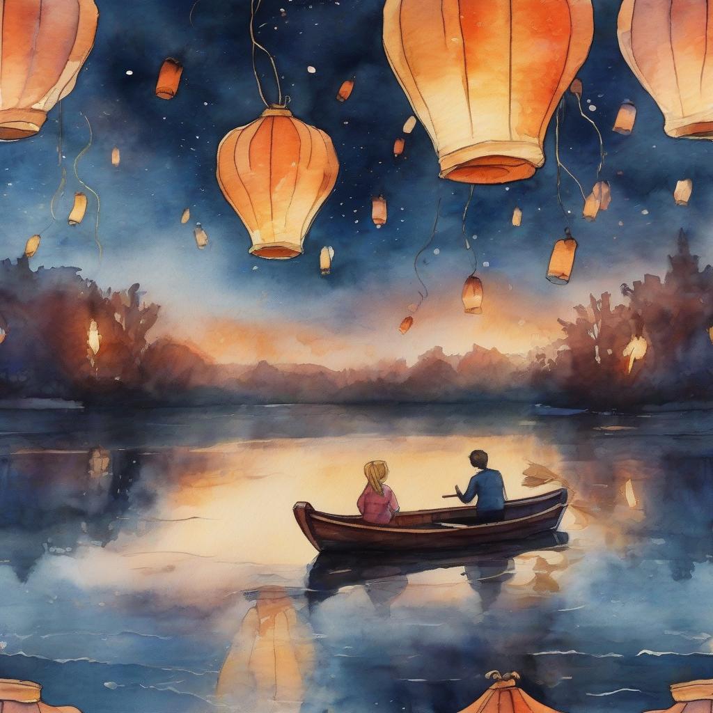  abstract style (watercolor: 1.4) a blonde girl and a man are boating full face on the lake. autumn, night, sky lanterns in the sky, romantic atmosphere . non representational, colors and shapes, expression of feelings, imaginative, highly detailed, hkmagic