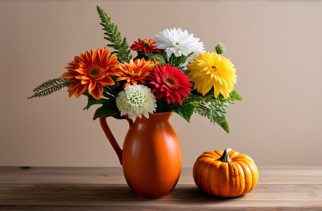  professional detailed photography, autumn composition with pumkin's vase with orange red white and yellow flowers in vase over wooden table with space for text ar 3:2, (muted colors, dim colors, soothing tones), (vsco:0.3)