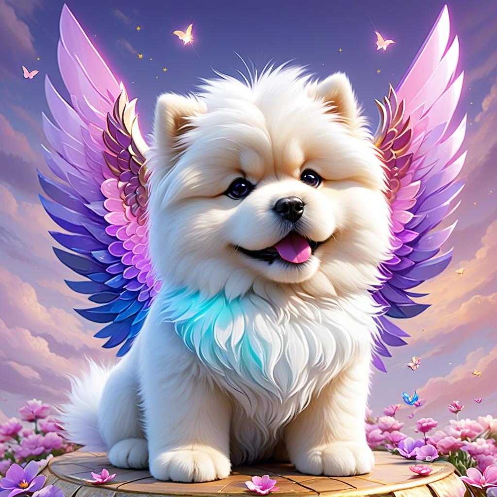  make a chow chow with the purple tongue and put a yorkshire with halo and with angel wings, award winning, professional, highly detailed, masterpiece