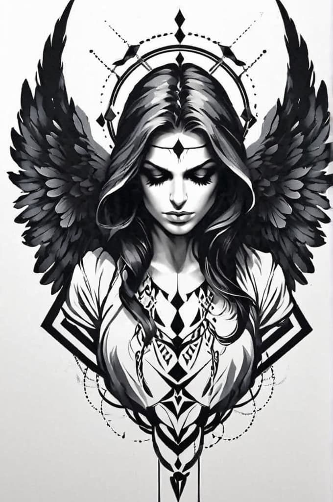  aggressive female angel looking down with geometric background , (tattoo sketch:1.25), drawing