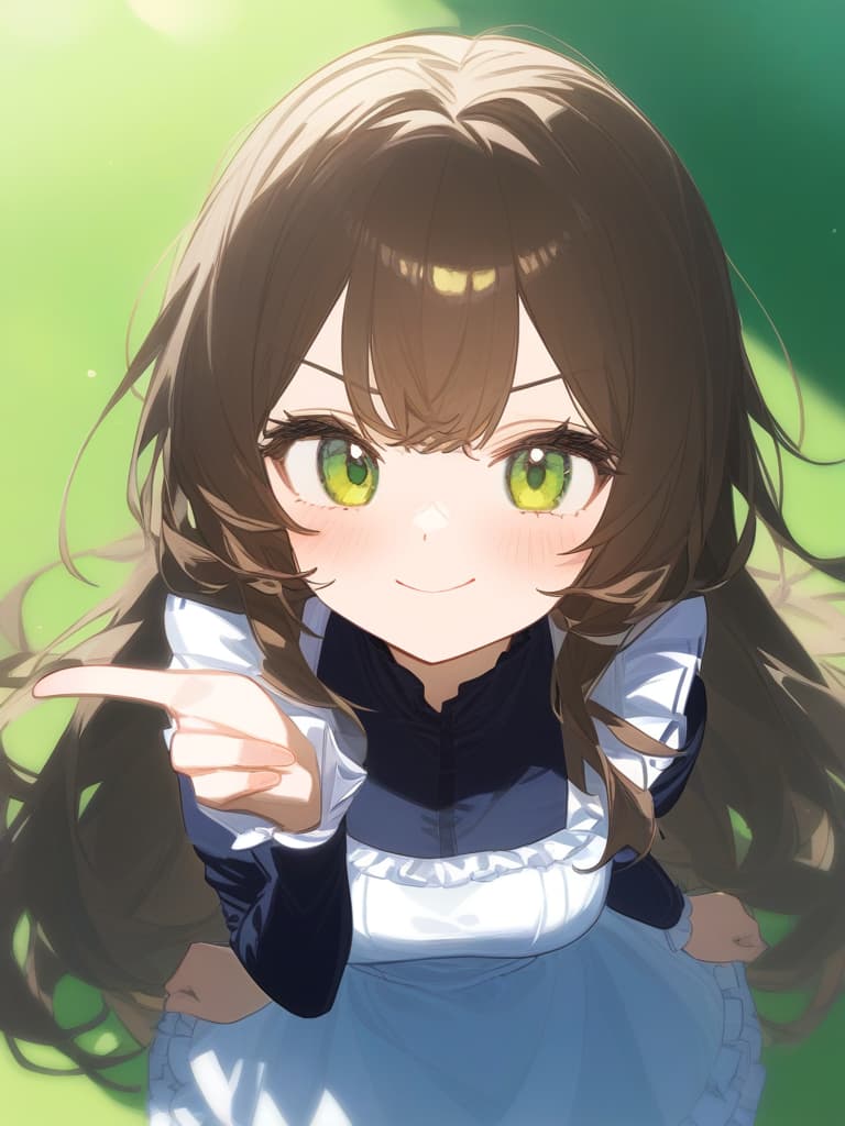  cute face focus,cute,brown hair,green eyes,y posing,frill onepiece,long hair