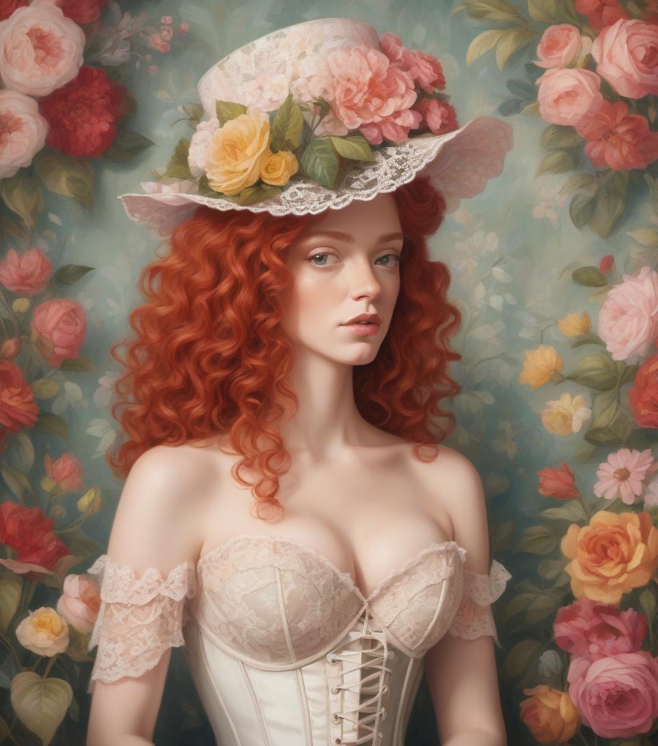  an illustration of a woman with curly red hair, a floral hat, and a lace corset against a floral backdrop. oil painting , masterpiece. perfect anatomy