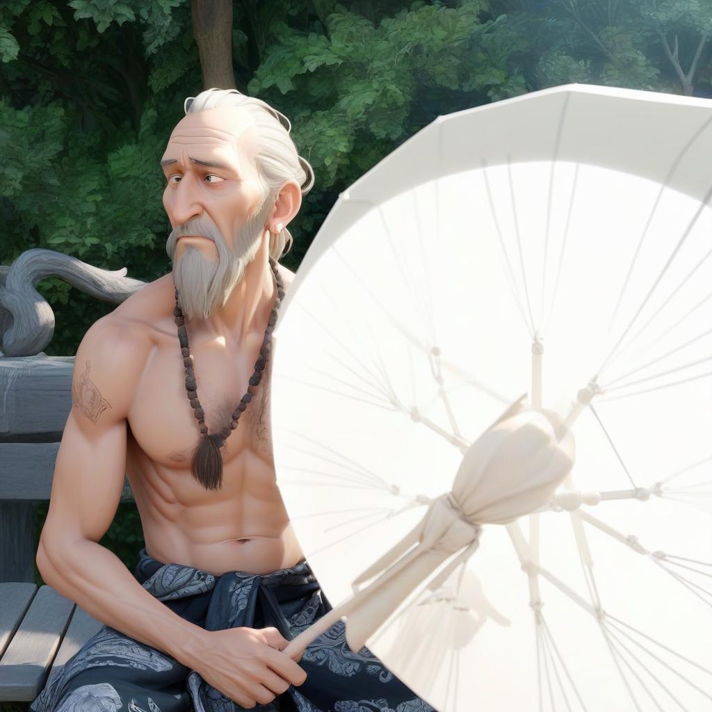  professional 3d model a man sitting on a bench holding an umbrella shaman with tambourine, gray, long beard, long hair, old men, perfume, magic, crows . octane render, highly detailed, volumetric, dramatic lighting, hkmagic