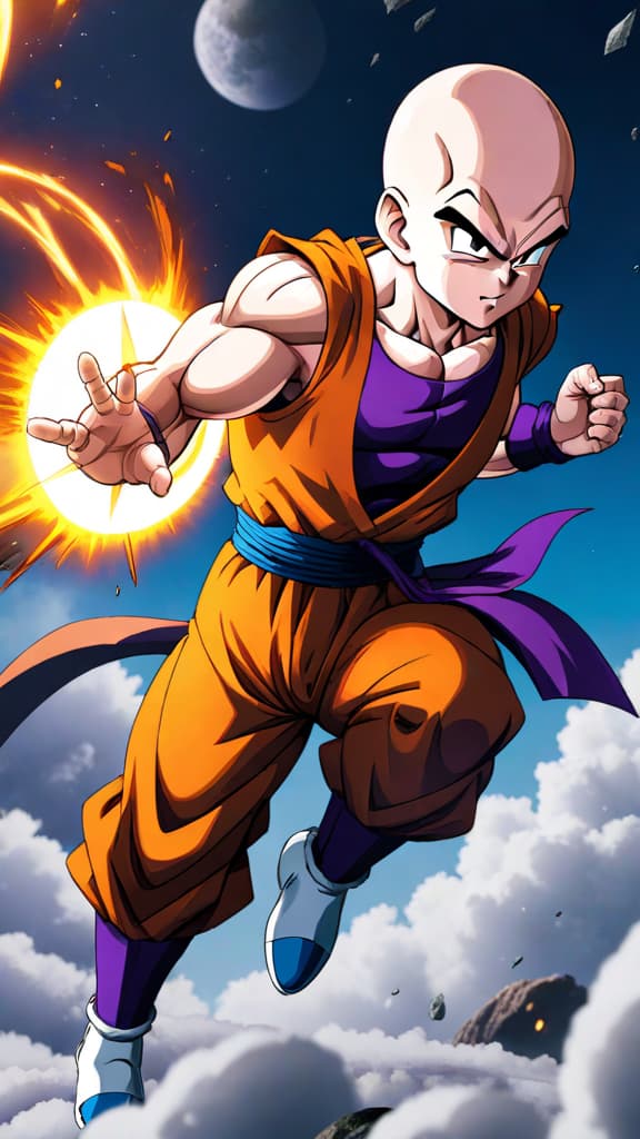  anime art: krillin strikes down frieza decisively, altering the fate of dragon ball z forever. hyperrealistic, full body, detailed clothing, highly detailed, cinematic lighting, stunningly beautiful, intricate, sharp focus, f/1. 8, 85mm, (centered image composition), (professionally color graded), ((bright soft diffused light)), volumetric fog, trending on instagram, trending on tumblr, HDR 4K, 8K