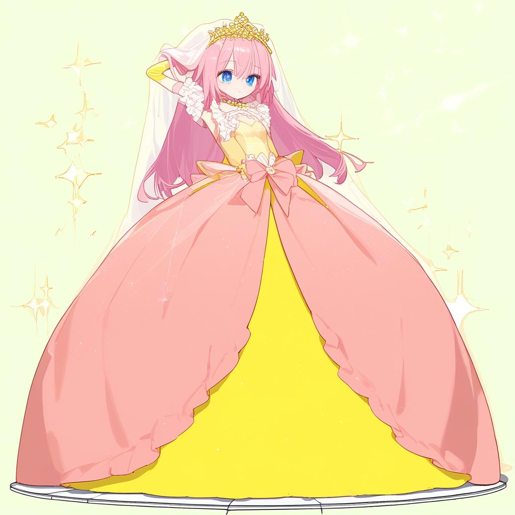  yellow, pink and blue big poofy princess dress, ball gown, frills, ruffles, bows, idol dress, magical style, long white opera gloves, long yellow opera gloves, giant s, sparkly tiara, fancy necklace, long floor length veil covering her hair and back, shining intense blue eyes, very long ankle length bright pink hair with long bangs . best quality, high resolution