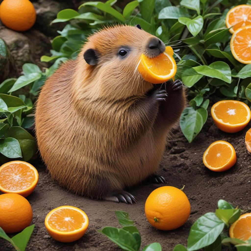  create a image of a chubby capybara eating a orange , profile image style