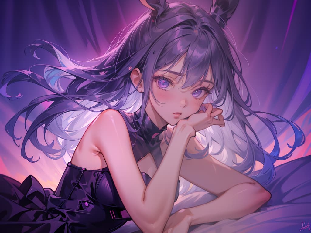  silhouette, solo, cloudy sky, beautiful sunset, stunning background, (upper body:1.2), highly detailed, masterpiece, best quality, solo, long purple hair, neon purple eyes, thigh highs, heels, bunny female, red neon light background, full body, close up, laying on bed