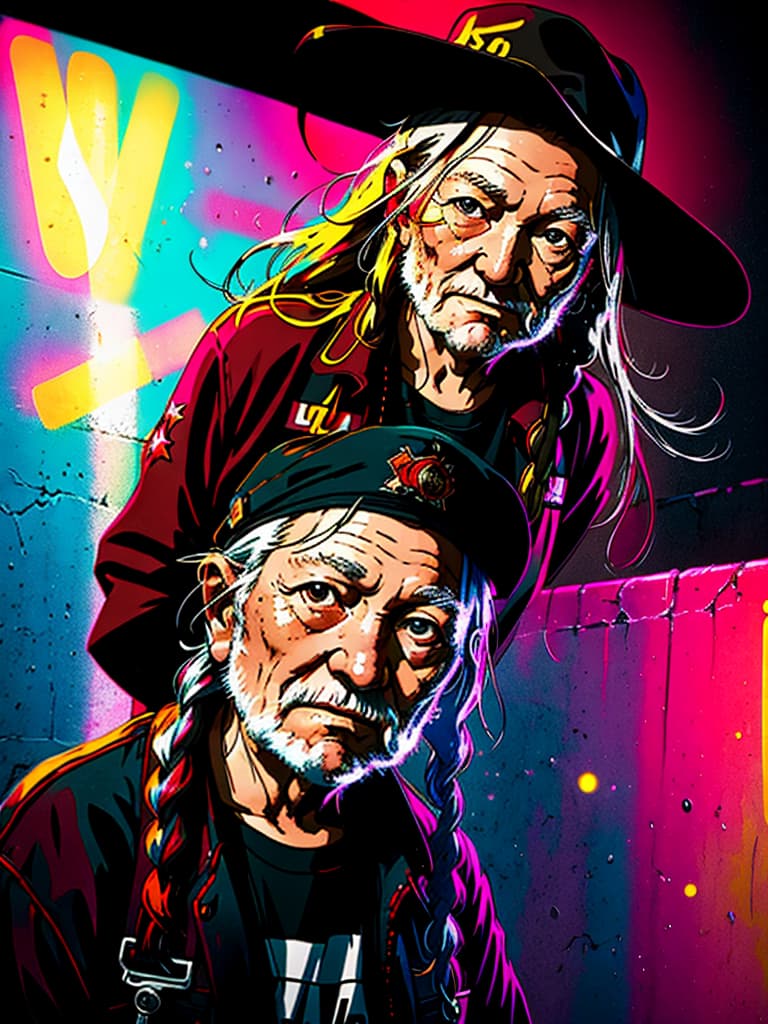  Singer Willie Nelson, medium shot, upper body, spotlight, long exposure lighting, street art style spray paint, glamour lighting