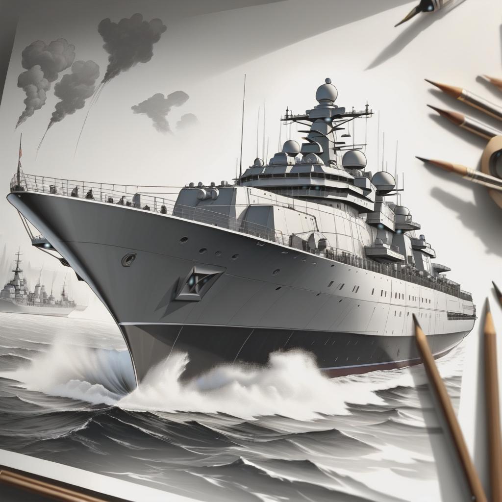  line art drawing black and white sketches. painting. thin and fat lines. modern warship . professional, sleek, modern, minimalist, graphic, line art, vector graphics hyperrealistic, full body, detailed clothing, highly detailed, cinematic lighting, stunningly beautiful, intricate, sharp focus, f/1. 8, 85mm, (centered image composition), (professionally color graded), ((bright soft diffused light)), volumetric fog, trending on instagram, trending on tumblr, HDR 4K, 8K