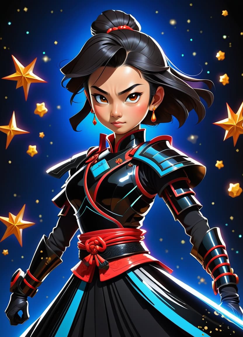  a humorous illustration. bright colors, cartoon style. on the black background, shiny contours outlines of silhouette of a japanese samurai girl in black samurai armor, in full length, in patent leather black shoes, made of blue star and red comet, frame with intricate thin ornamentation from comet, stars and cosmic dust: (thin: 1,4) lines ,