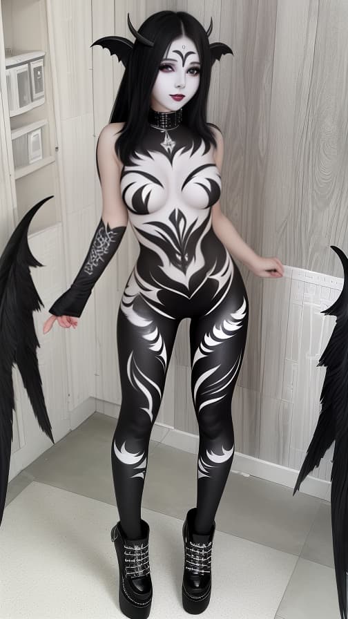  Black flame pattern body paint in every corner of the whole body, White body paint full body, Grey face paint on the face, two succubus sisters, full body image Girl