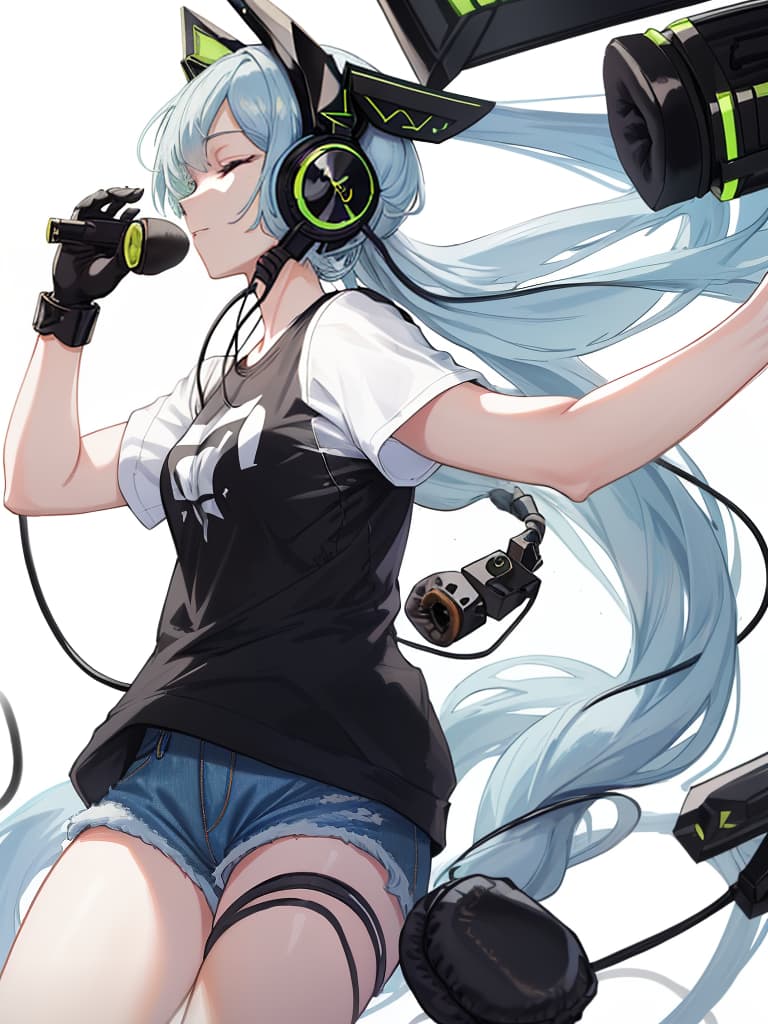  (white background:1.3),(extremely detailed fine touch:1.3),(hard light,studio light,light rays,dappled light,reflection,shadows,ray tracing:1.0),///,,green very long hair,headphone,forehead,having a bird's eye view,anime style,super fine ilration,highly detailed,dynamic angle,beautiful detailed,8k,on stage break a woman,(((headphone:1.3))),on both ,strumming an electric guitar. she arches her back,closes her eyes and looks joyful. break a spotlight shines on her,(t shirt:1.3),(denim shorts:1.3),(black les paul custom:1.3)