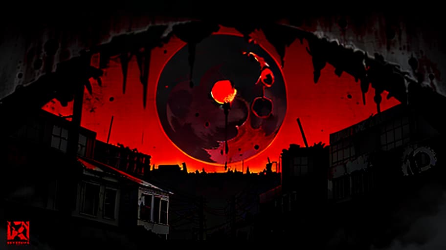 A logo with an eye concealed behind a blood red moon surrounded by a ruined city, moral decay, drugs, murders, more blood, alcohol, decay, the fall of civilization, darkness, oppression, wilting, and disillusionment., (b&w, Monochromatic, Film Photography:1.3), Photorealistic, Hyperrealistic, Hyperdetailed, film noir, analog style, hip cocked, demure, low cut, soft lighting, subsurface scattering, realistic, heavy shadow, masterpiece, best quality, ultra realistic, 8k, golden ratio, Intricate, High Detail, film photography, soft focus hyperrealistic, full body, detailed clothing, highly detailed, cinematic lighting, stunningly beautiful, intricate, sharp focus, f/1. 8, 85mm, (centered image composition), (professionally color graded), ((bright soft diffused light)), volumetric fog, trending on instagram, trending on tumblr, HDR 4K, 8K