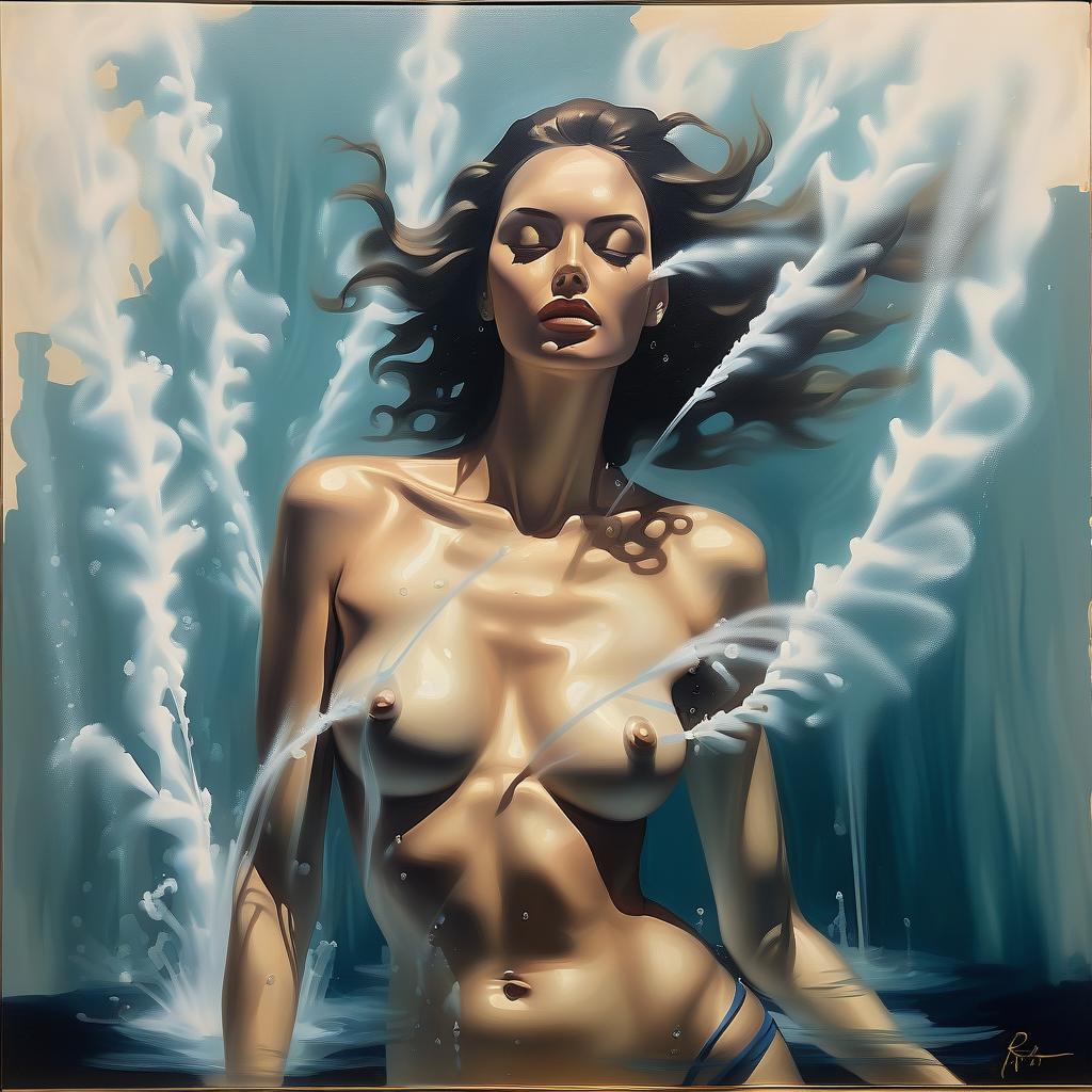  oil on canvas sketch of a model under water jets in the style of roberto ferri