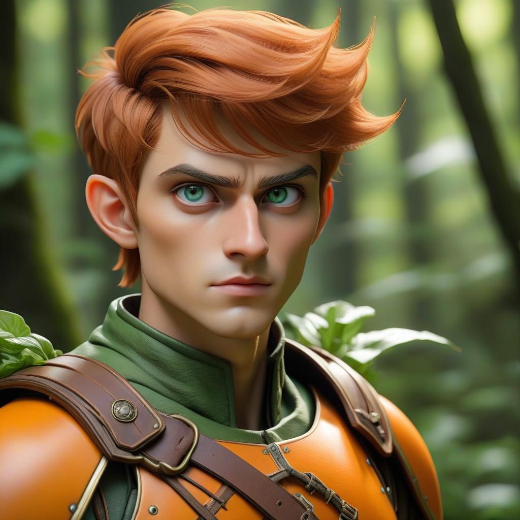  semi elf male with short hair of unusual salad color and with heterochromia (left eye green and right orange) growth of 174 cm and weight of 86 kg full build with small hiking bags in leather armor hyperrealistic, full body, detailed clothing, highly detailed, cinematic lighting, stunningly beautiful, intricate, sharp focus, f/1. 8, 85mm, (centered image composition), (professionally color graded), ((bright soft diffused light)), volumetric fog, trending on instagram, trending on tumblr, HDR 4K, 8K