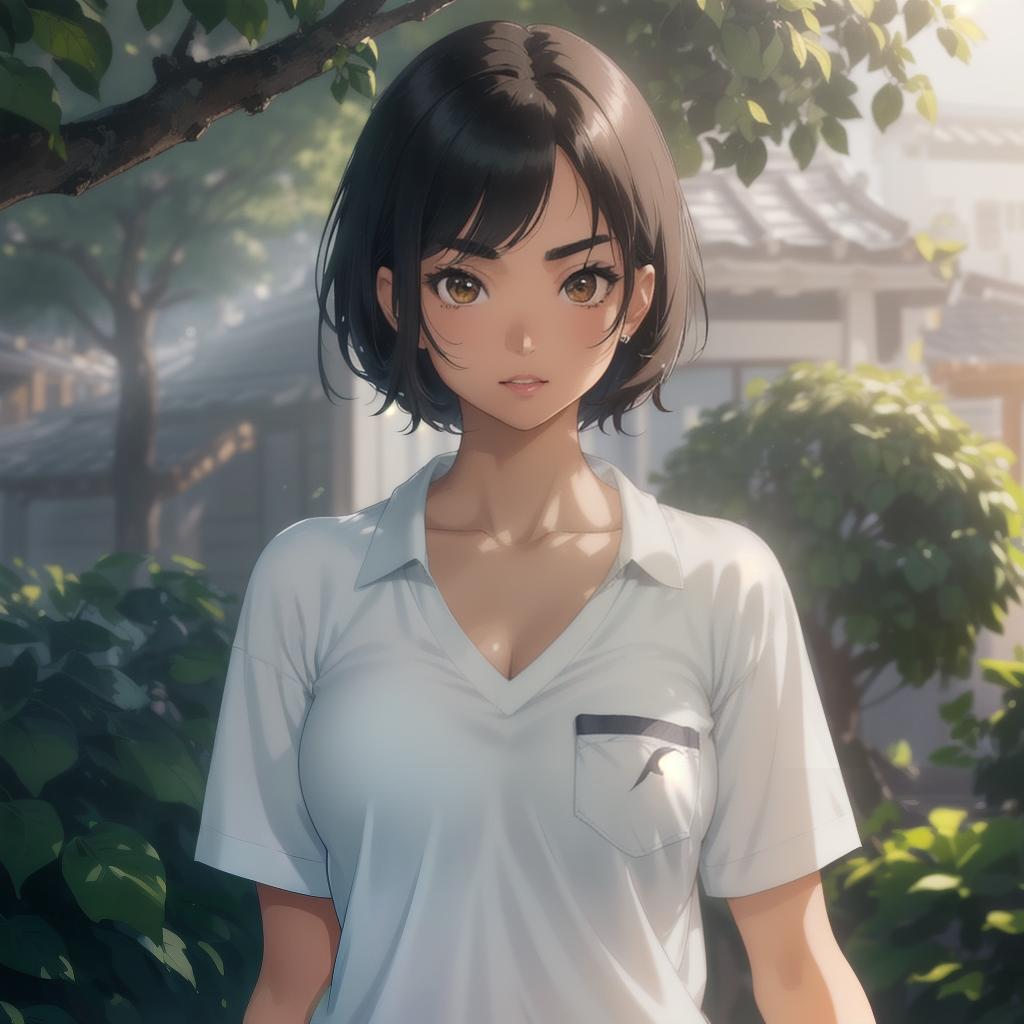  (((anime full torso frontal head shot of a light tan skin tone woman))), gaeul ra young ryu, ((korean heritage)), immature face, brown eye color, ((short hair style)), ((black hair color)), (( body type)), small size, small size, (immature broad flat nose), (immature angular cheekbones), (immature smooth jawline), (immature thin lips), (immature wide forehead), (immature symmetrical face), (immature arched eyebrows), standing straight looking directly into the camera,((wearing fitted polo shirt with deep v neck and monogrammed pocket)), backyard in background, 1girl, best quality, highest quality, award winning photo, masterpiece, raw, professional photography, photorealism, sharp focus, cinematic, high resolution, sh hyperrealistic, full body, detailed clothing, highly detailed, cinematic lighting, stunningly beautiful, intricate, sharp focus, f/1. 8, 85mm, (centered image composition), (professionally color graded), ((bright soft diffused light)), volumetric fog, trending on instagram, trending on tumblr, HDR 4K, 8K