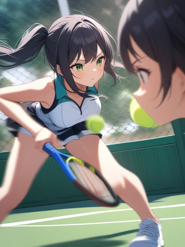  (masterpiece, highest quality,), beautiful fine eyes, very detailed, black hair, aho hair, long hair, green eyes, ponytails, busty, blurred background, shy pinup, tennis, tennis racket: 1.1), wearing tennis uniforms, tennis courts, (moving: 1.2), hitting the ball with a tennis ball, some players, standing in one foot </input> </xml>, motion blur